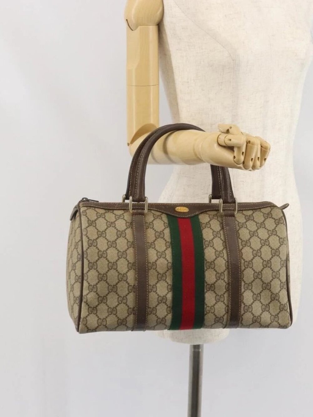 GUCCI GG Supreme Web Sherry Line Hand Bag PVC Beige Gold 24 012 3842 Auth ka2171
